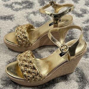 Nine West gold metallic ankle strap chunky woven wedge sandal heel espadrilles